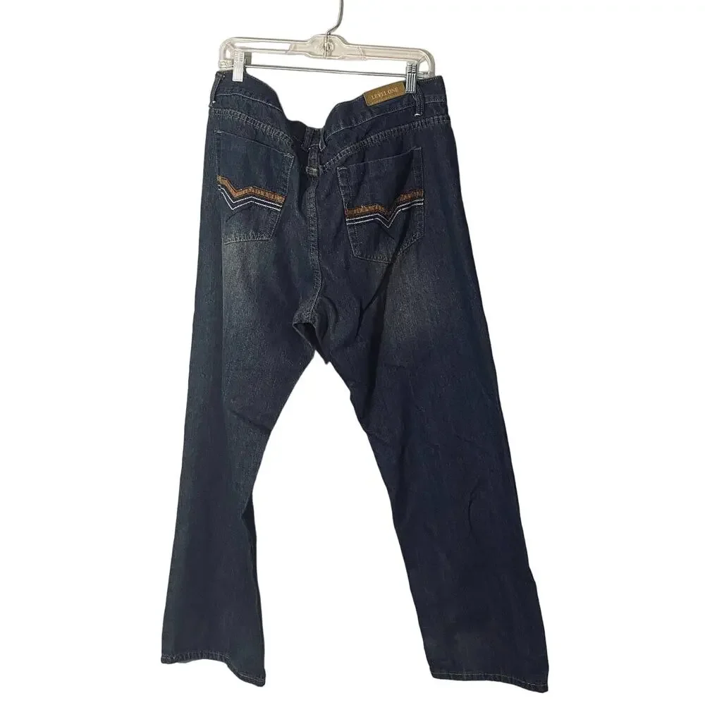 Level One Dark Blue Faded Straight Leg Relaxed Casual Denim Jeans Men Sz 40x32